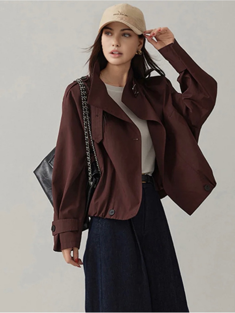 Commense Burgundy Short Trench Coat with Buckle Collar - Picture 3 of 10